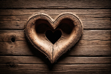 Aged wooden background with heart-shaped hole, distressed wood texture. Symbolizing love and rustic charm 