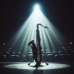 A musical instrument: saxaphone, sits on alone on stage ready to play, under a strong single spotlight - obrazy, fototapety, plakaty
