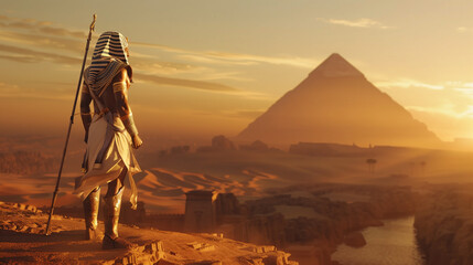 Egyptian warrior turn back look at the pyramid. concept art