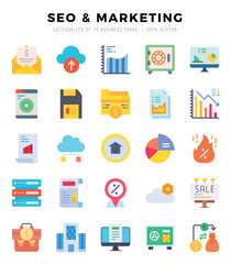 SEO & MARKETING Flat icons collection. 25 icon set. Vector illustration.