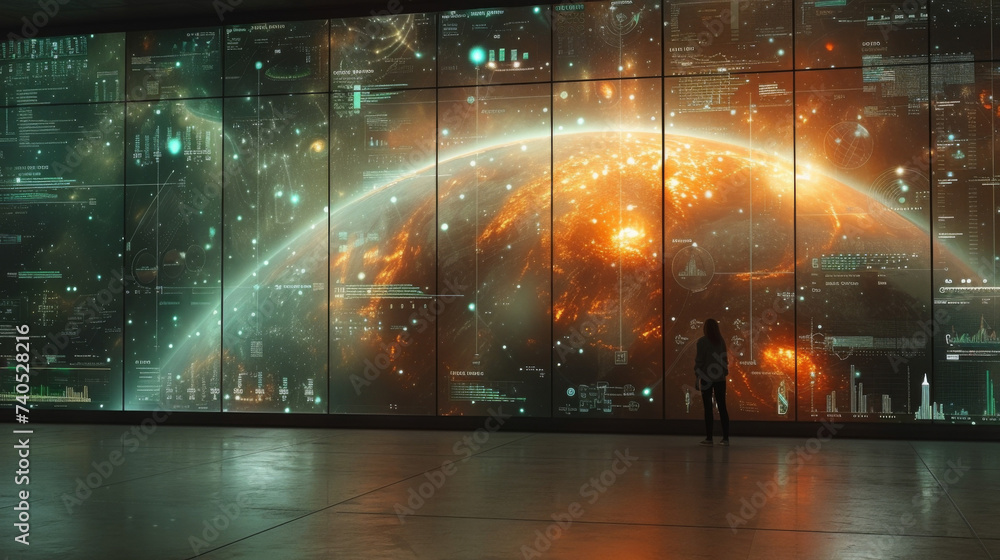 Poster a lone figure stands in front of a massive virtual landscape surrounded by swirling data and graphs 