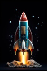 Obraz premium Cute little rocket isolated on black background