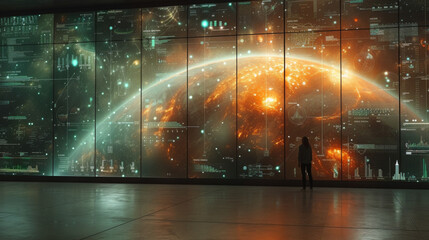 A lone figure stands in front of a massive virtual landscape surrounded by swirling data and graphs projected in holographic form. As the figure moves through the landscape
