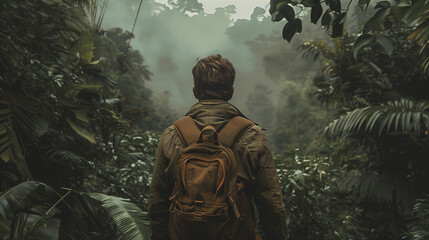 man turn back with jungle background. adventurer
