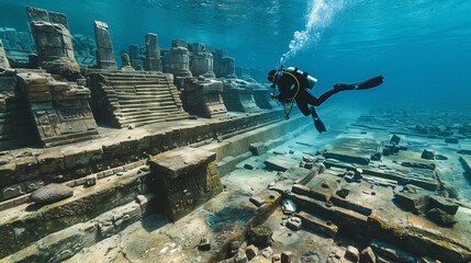 scuba diver discover ancient city in the sea. under water city. - obrazy, fototapety, plakaty