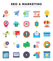 SEO & MARKETING Icons Pack Flat Style. Vector illustration.