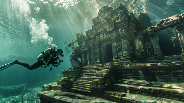 scuba diver discover ancient city in the sea. under water city.