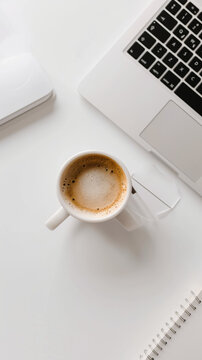 banner with minimalist branding photo , desk, notebook, one cup of coffee, strong contrast aesthetic
