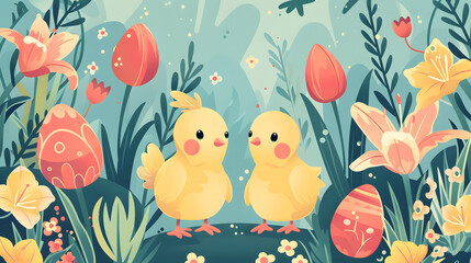 Chicks with Easter Eggs and flowers