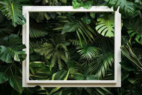 white frame behind a green wall of plants, in the style of aerial photography