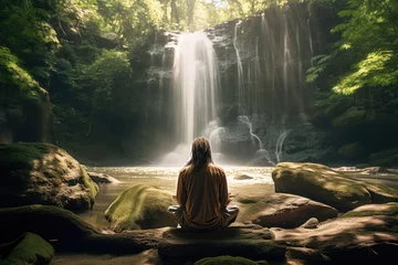  Tranquil meditation at majestic waterfall with spiritual perception on sunny day © Александр Раптовый