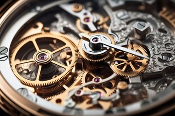 Fototapeta na wymiar Revealing the delicate intricacy of men's wristwatch internal mechanisms in close-up shots