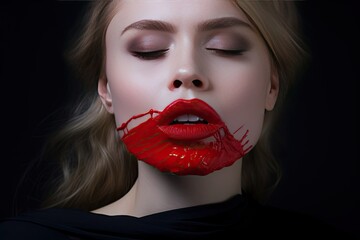 A series of captivating images showcasing a girl with striking red lips painted with a brush