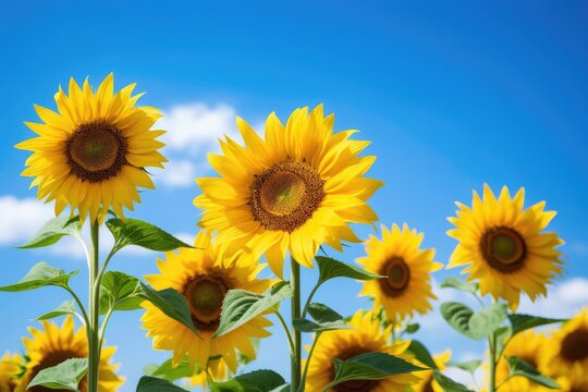 Bright sunflower blooms with blue sky and fluffy clouds - close-up floral photography