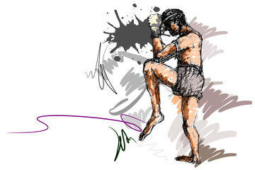 Muay Thai kick boxing sketch brush style sport art