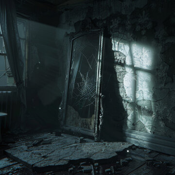 Mysterious shadows creeping around a dark room illuminated by a mirror cracked in silence