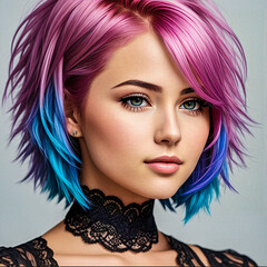 Woman with short rainbow colored hair 