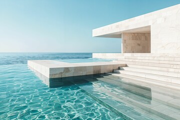 Swee Oh-inspired architectural photography showcasing a modern minimalist structure, emphasizing marble materials and serene water surroundings