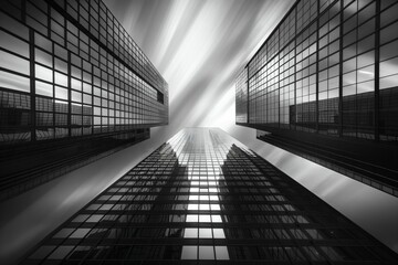 Majestic high-rise buildings in a long exposure, black and white shot, emphasizing the elegance and verticality of urban architecture - obrazy, fototapety, plakaty