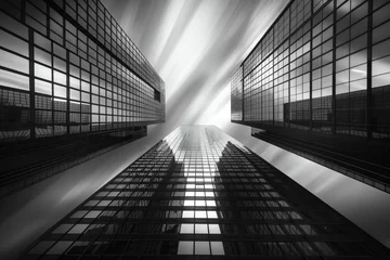 Fotobehang Majestic high-rise buildings in a long exposure, black and white shot, emphasizing the elegance and verticality of urban architecture © akarawit