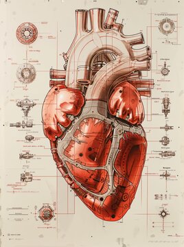 Diagram of mechanical heart components, highlighted in red, showcasing its intricate machinery and design