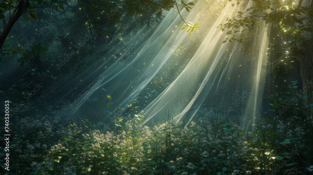 Poster a gossamer veil of shimmering light hangs in the air casting a soft and mystical glow over everythin