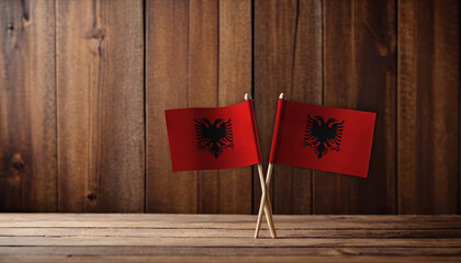 View of Albania flag of the wooden table, copy space. Unaltered, national flag, patriotism, freedom and identity concept.