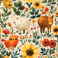 Farm animals in a whimsical style, charming for children’s apparel, seamless pattern with animals