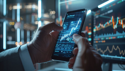 Businessman using smartphone with stock markets in background