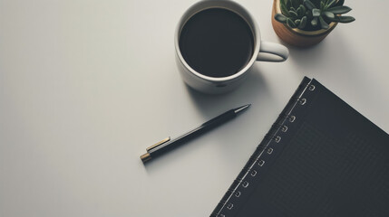 minimalist branding photo , desk, notebook, one cup of coffee, strong contrast aesthetic