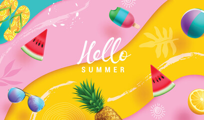 Summer elements vector set design. Hello summer greeting text with surfboard, flipflip, monstera, pineapple and beachball in colorful beach elements collection isolated in white background. Vector 