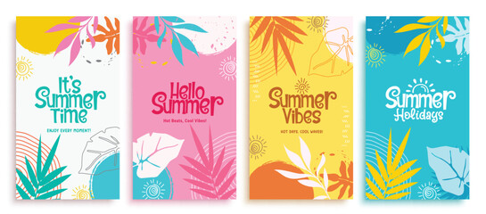 Summer time greeting vector poster set. Summer hello greeting text with colorful leaves tropical elements decoration for seasonal flyers tags collection. Vector illustration summertime holiday  - obrazy, fototapety, plakaty