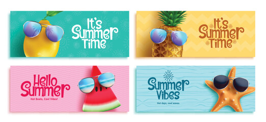 Summer time text vector banner set. It's summer time greeting with lemon, pineapple, watermelon and starfish tropical elements wearing sunglasses for seasonal banner collection. Vector illustration  © AmazeinDesign