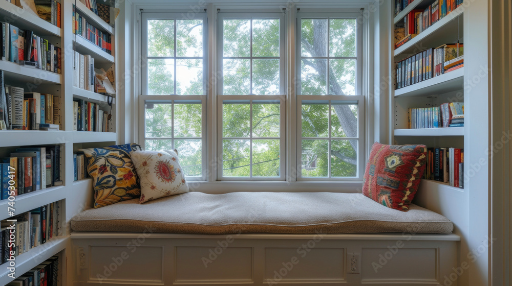 Poster a cozy reading nook with a custombuilt bookshelf and window seat making the most of a small space wh