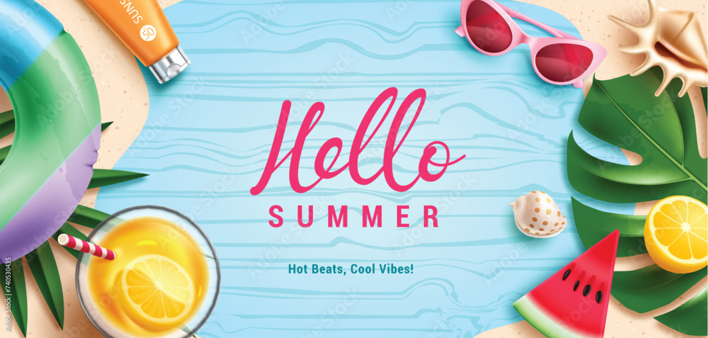 Aufkleber hello summer greeting text vector template. summer hello greeting in pattern space with drinks juice