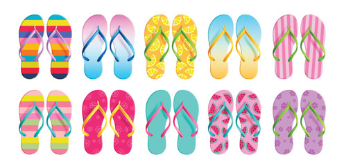 Summer flipflop elements vector set design. Summer thong, slippers, sandal and flip flops with colorful, floral and stripe design for travel fashion foot ware collection. Vector illustration summer 
