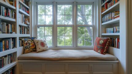 A cozy reading nook with a custombuilt bookshelf and window seat making the most of a small space...