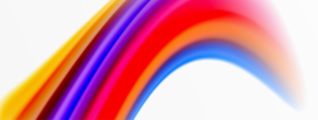 Obraz premium Rainbow color silk blurred wavy line background on white, luxuriously vibrant visually captivating backdrop. Stunning blend of colors reminiscent of rainbow, silky and gracefully blurred wavy pattern