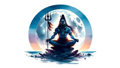Watercolor illustration with a silhouette of lord shiva with a trident seated in a meditative pose against a full moon.