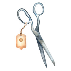 Watercolor illustration of old open metal tailor's scissors and craft paper label with a button sewn onto it. Hand drawn illustration on isolated background. Use for poster, print, card, advertising.