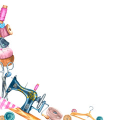 Obraz premium Frame, board, poster made from various tailor's items: sewing machine, scissors, centimeter, pincushion, thread. Hand drawing in watercolor. Use for design of posters, postcards, advertising fabric.