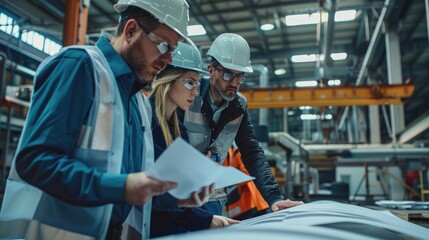 An engineering team, wearing hard hats and safety glasses, is deeply engaged in discussing project plans on the factory floor. - obrazy, fototapety, plakaty