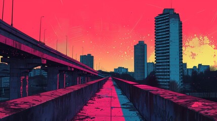 Neon twilight over city with elevated walkway perspective