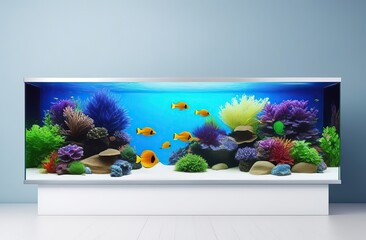 Blank white banner with space for text. small aquarium with colorful fish. Advertising banner on a simple background on the theme of a pet store and animal products with space for text. pure white pla