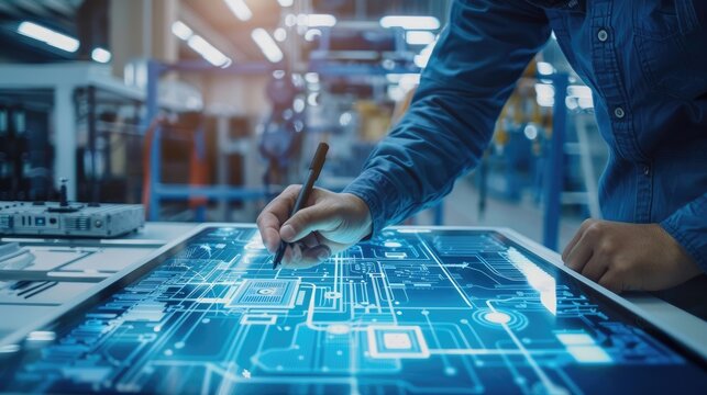 An engineer interacts with a futuristic digital interface, displaying complex schematics and diagrams, in a modern industrial design process.