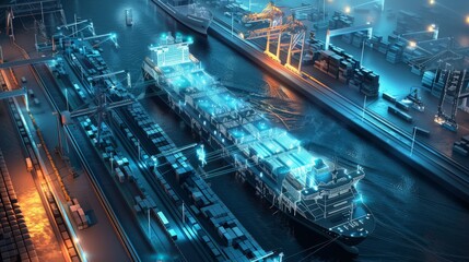 A nighttime scene at a futuristic port terminal showing illuminated smart cargo ships integrated with advanced digital logistics technology.