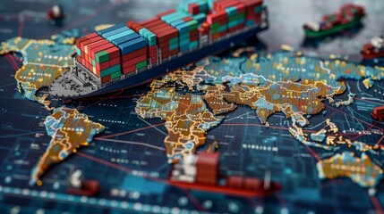 A detailed global map highlighting international trade routes with a miniature cargo ship, symbolizing the complexity of worldwide logistics and shipping networks. - obrazy, fototapety, plakaty