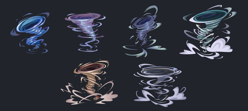 Tornado cartoon collection - various whirlwind and hurricane twister on dark background. Vector illustration set of storm funnel wind with whirl cloud, dust and water. Natural catastrophe and disaster