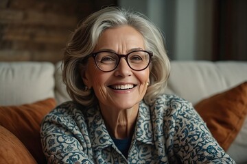 A cheerful, pretty older woman with elegant glasses sits on a cozy home couch, her beautiful smile lighting up the room. 