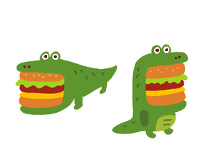 ハンバーガーをくわえたかわいいワニのキャラ